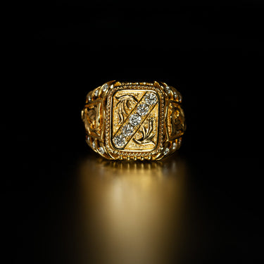 0.61ctw diamond 18k yellow gold men's ornate vintage-style signet ring with five center diamonds and twelve accent diamonds on twisted band